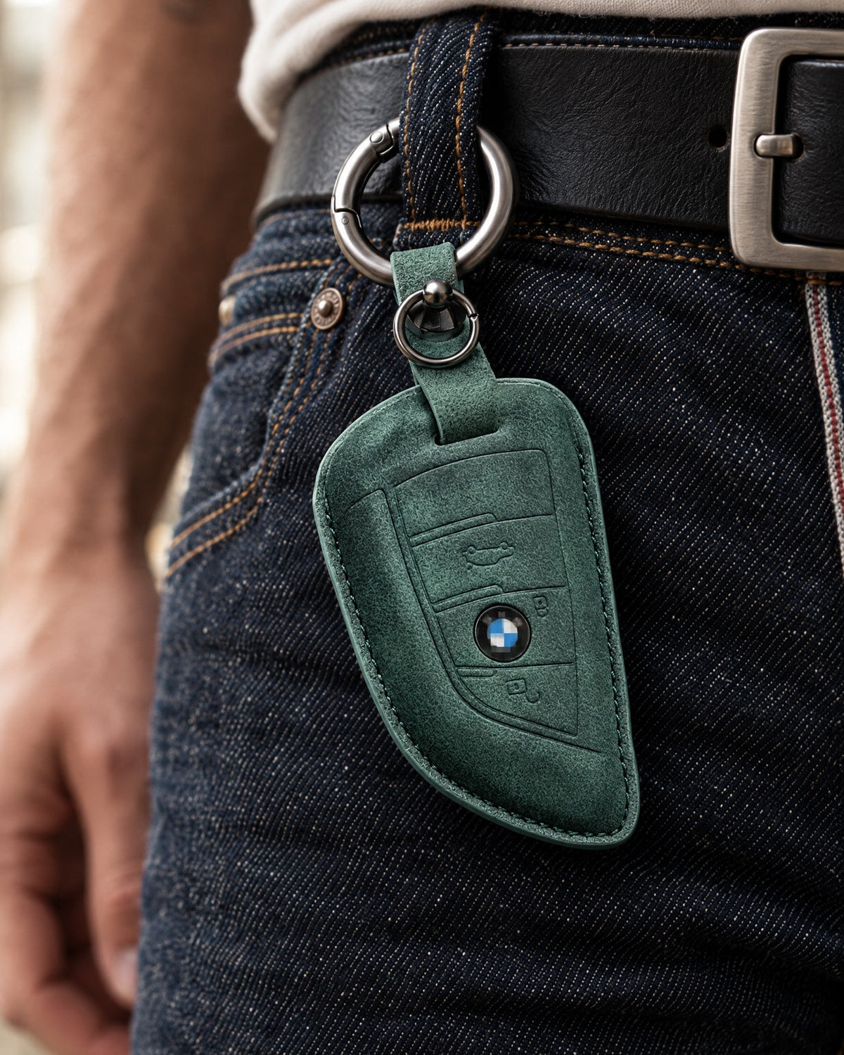 Valenci Keys BMW suede key cover close-up on selvedge denim