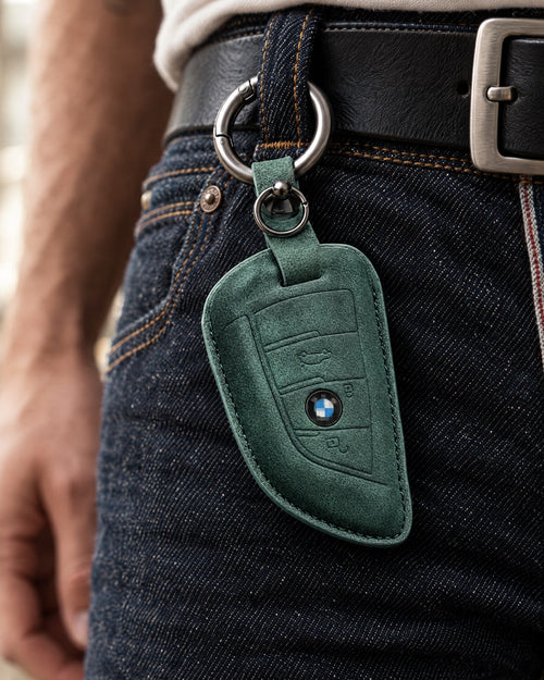 Valenci Keys BMW suede key cover close-up on selvedge denim