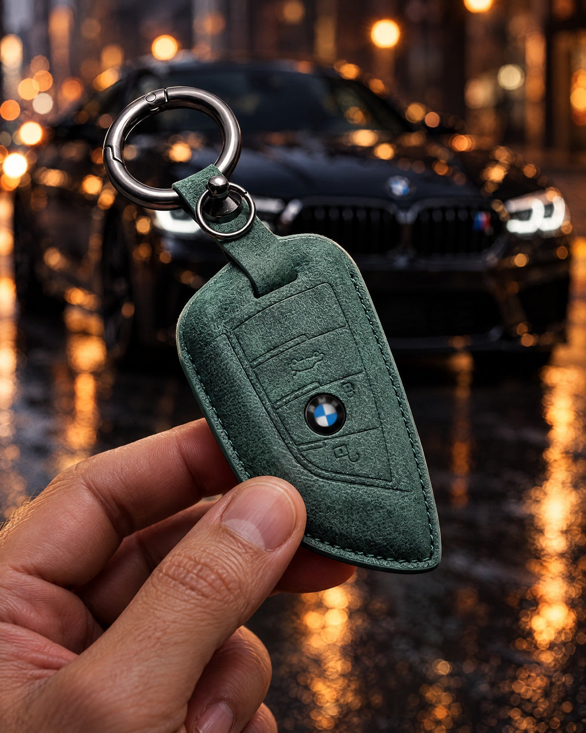 Valenci Keys BMW suede key cover held in front of a BMW at dusk