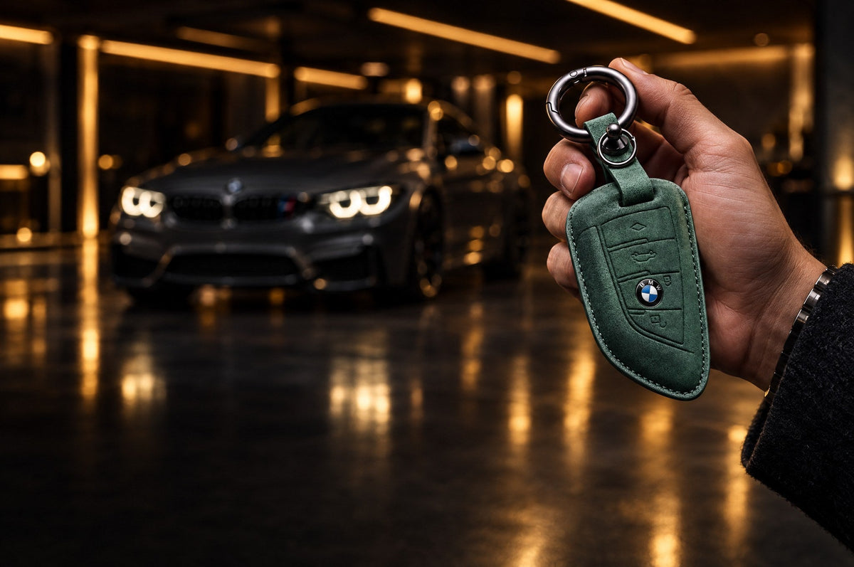 Olive green suede BMW key cover in front of a BMW M coupe