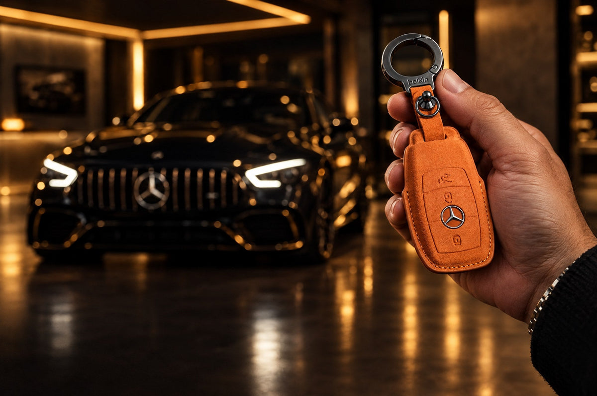 Orange suede Mercedes-Benz key cover in front of a Mercedes-AMG