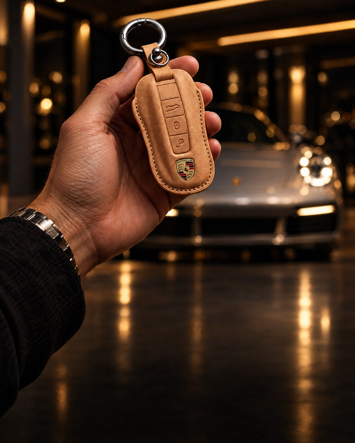 Tan suede Porsche key cover in front of a Porsche 911